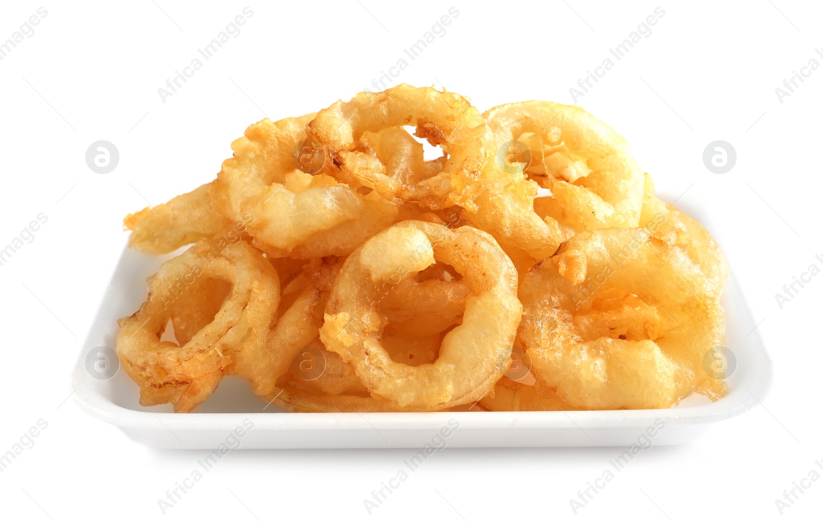 Photo of Plate with delicious golden breaded and deep fried crispy onion rings on white background