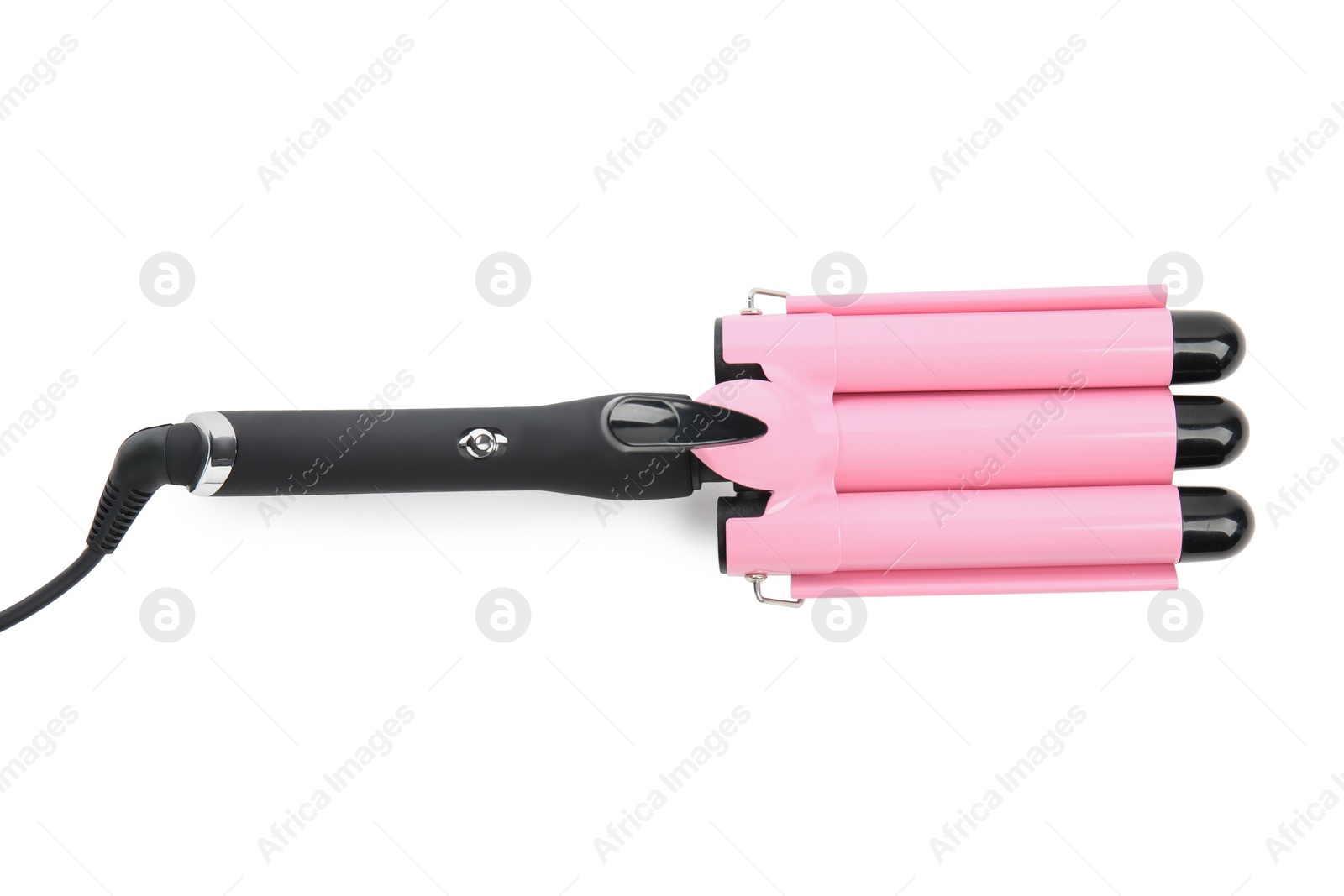 Photo of Modern triple curling iron isolated on white, top view