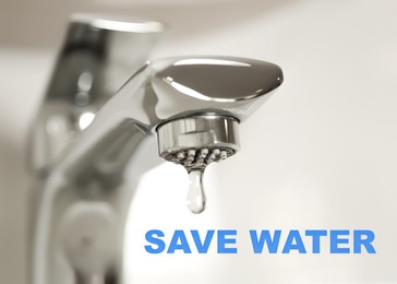 Image of Save water concept. Drop falling down from tap on light background, closeup