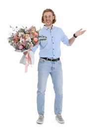 Photo of Young handsome man with beautiful flower bouquet on white background