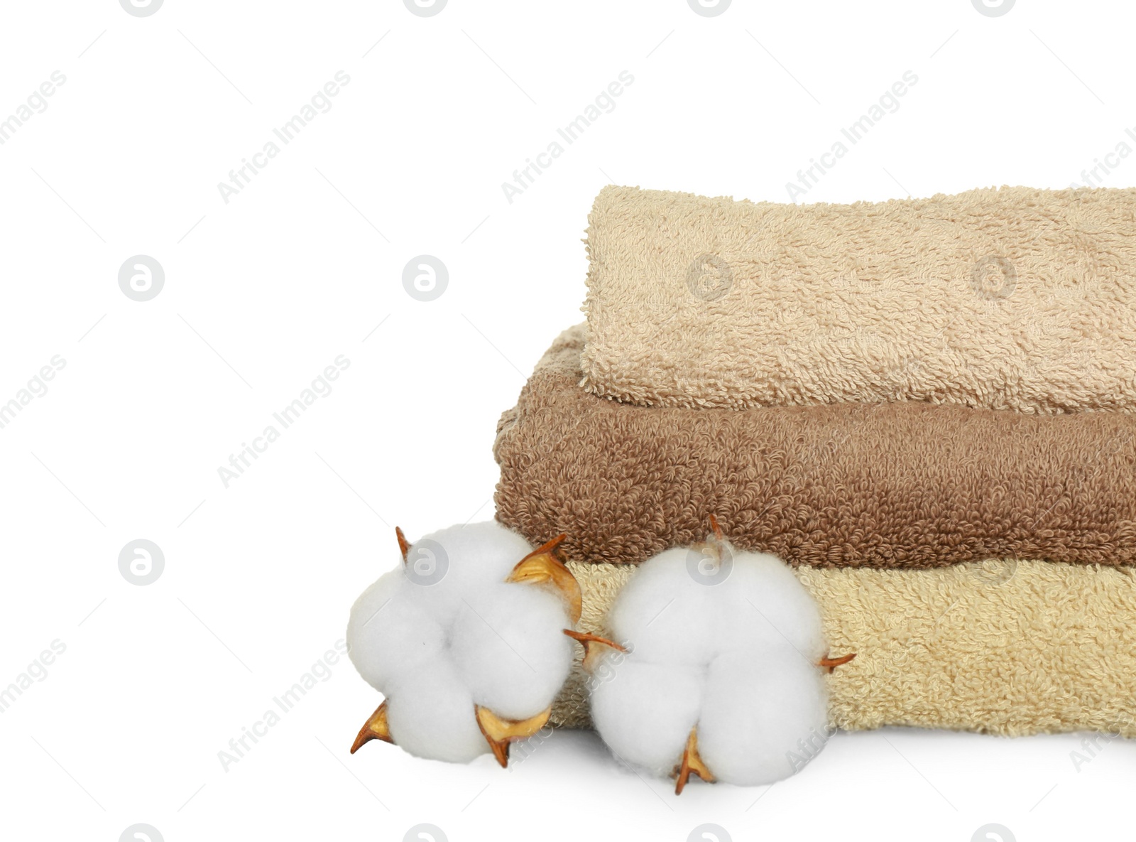 Photo of Folded soft terry towels and cotton flowers on white background