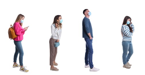 Image of People with protective masks waiting in queue  on white background, banner design. Social distancing during Covid-19 pandemic