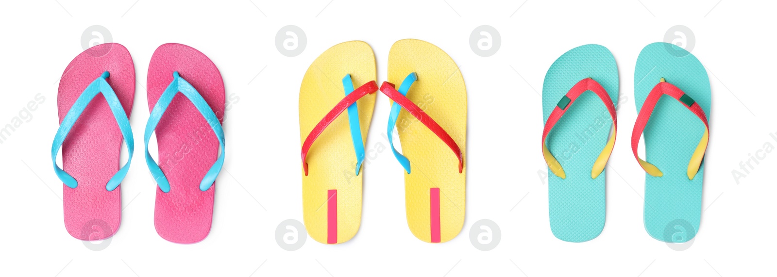 Image of Set with different flip flops on white background, top view. Banner design