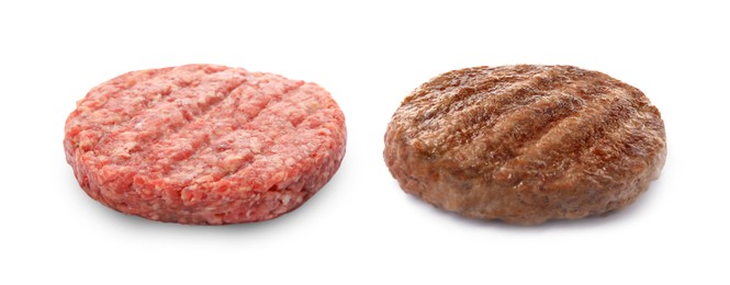 Image of Raw and grilled hamburger patties on white background, collage. Banner design