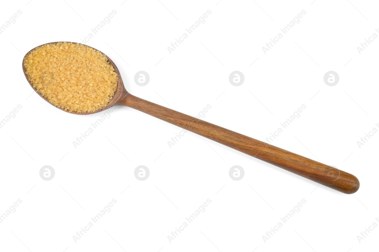 Photo of Wooden spoon with brown sugar isolated on white, top view