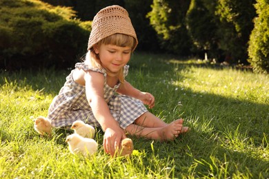 Little girl with cute chicks on green grass outdoors. Baby animals