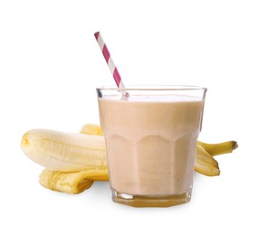 Glass of tasty banana smoothie with straw and fresh fruit on white background