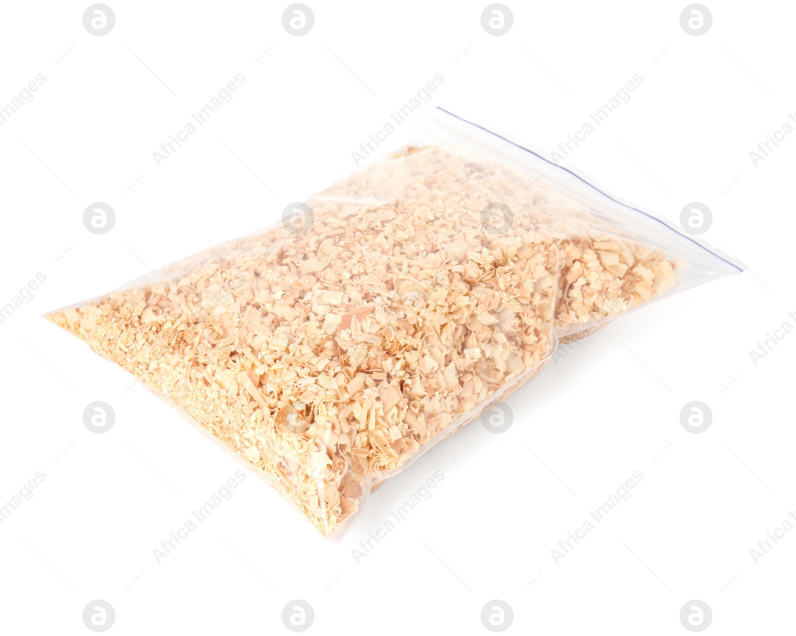 Photo of Natural sawdust in zip bag isolated on white