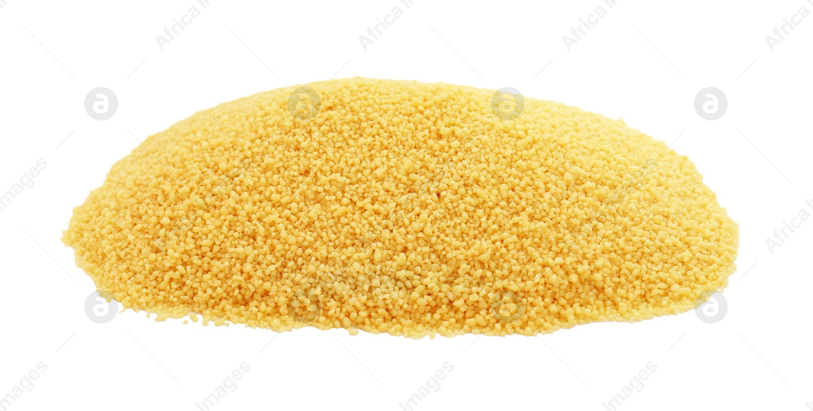 Photo of Heap of raw couscous on white background