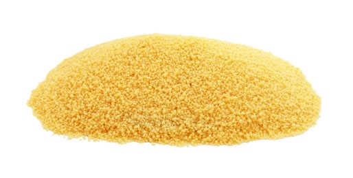 Photo of Heap of raw couscous on white background