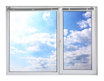 Image of Blue sky with clouds, view through plastic window
