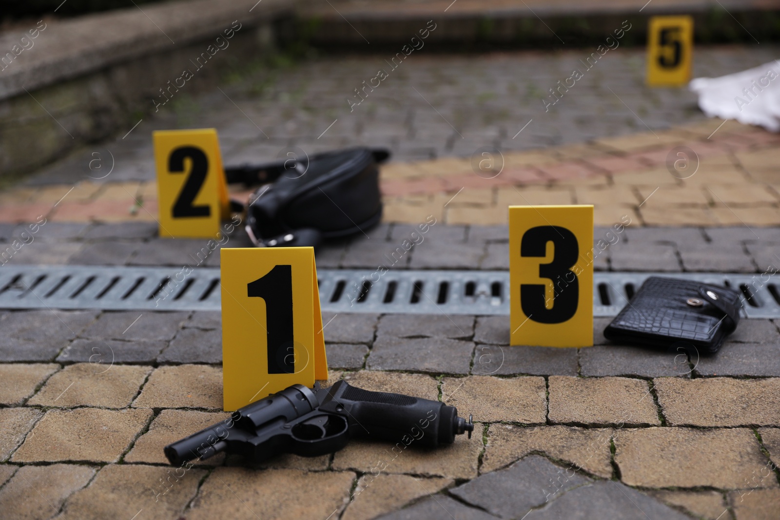 Photo of Crime scene markers and evidences outdoors, closeup