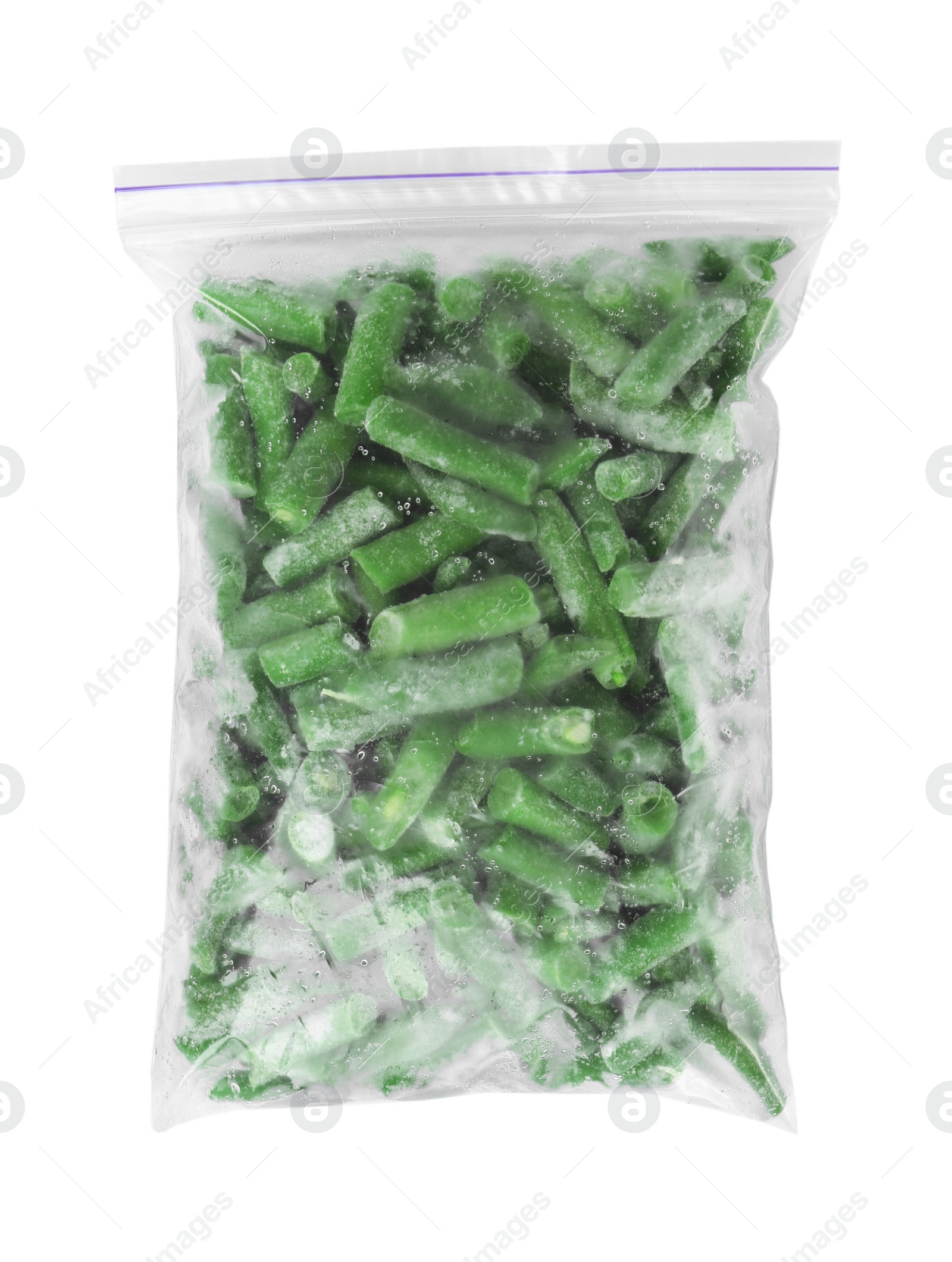 Photo of Frozen green beans in plastic bag isolated on white, top view. Vegetable preservation