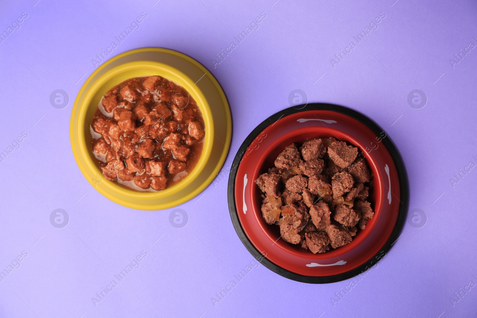 Photo of Wet pet food in feeding bowls on violet background, flat lay