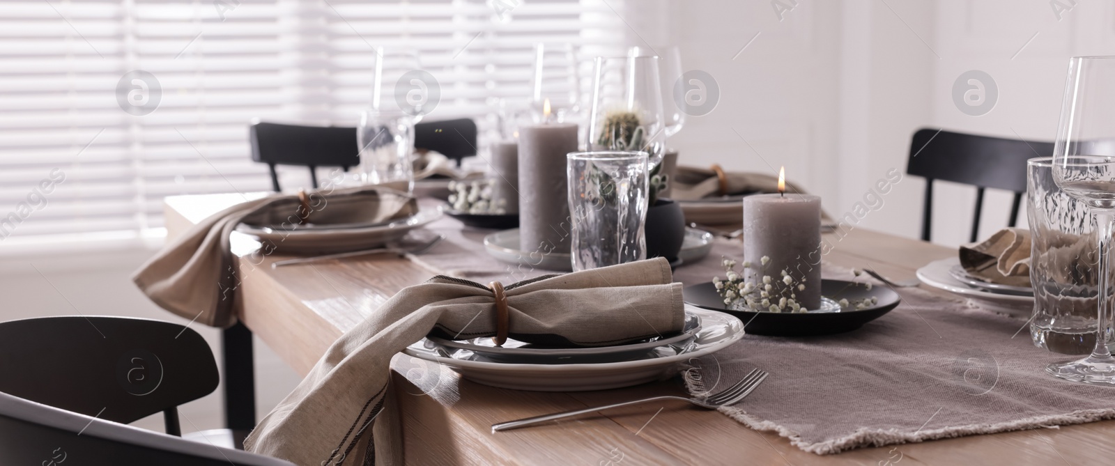 Image of Festive table setting with beautiful tableware and decor indoors. Banner design