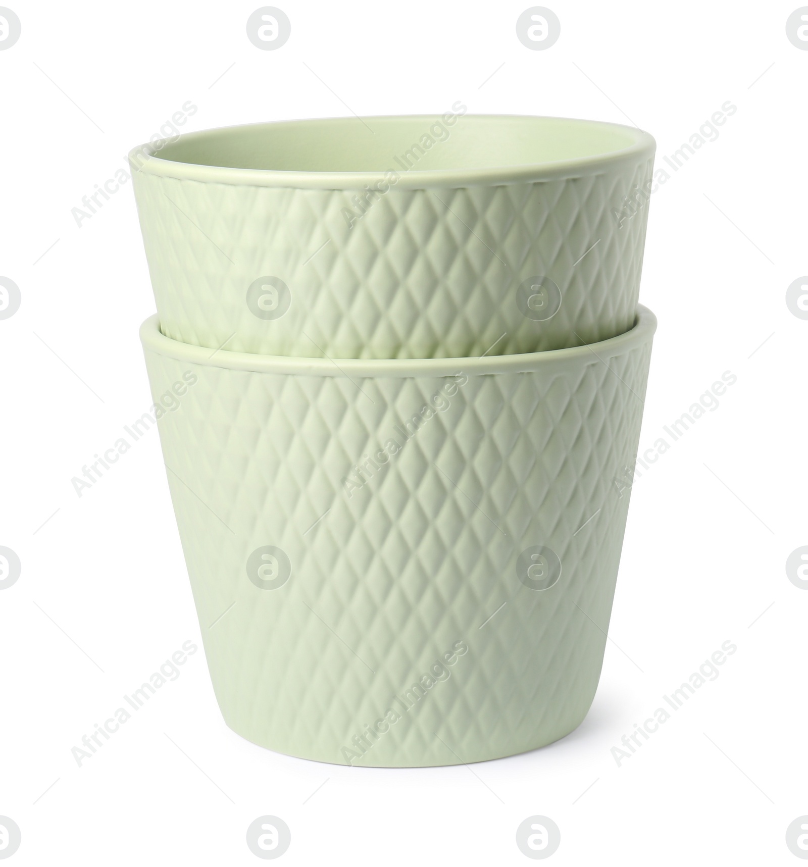 Photo of Empty ceramic flower pots on white background