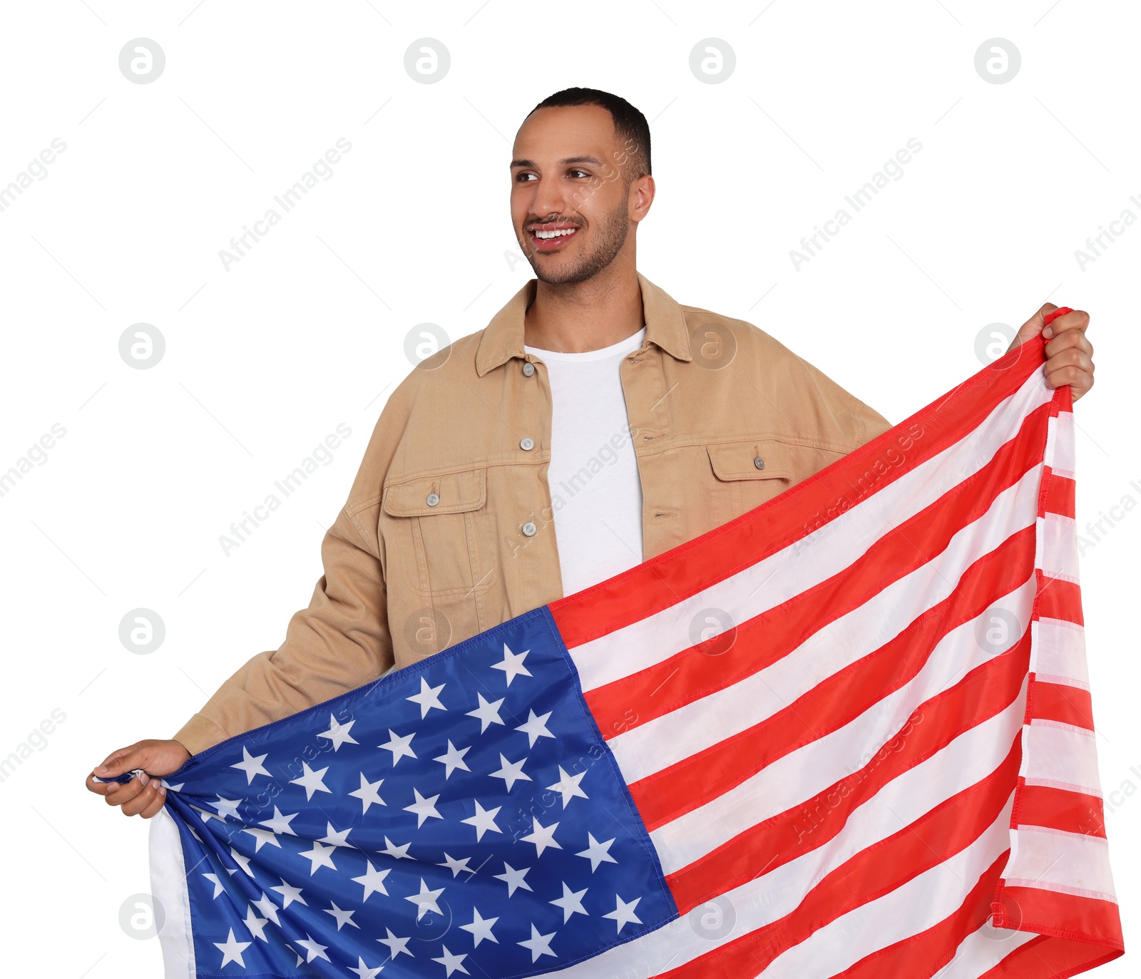 Image of 4th of July - Independence day of America. Happy man with national flag of United States on white background