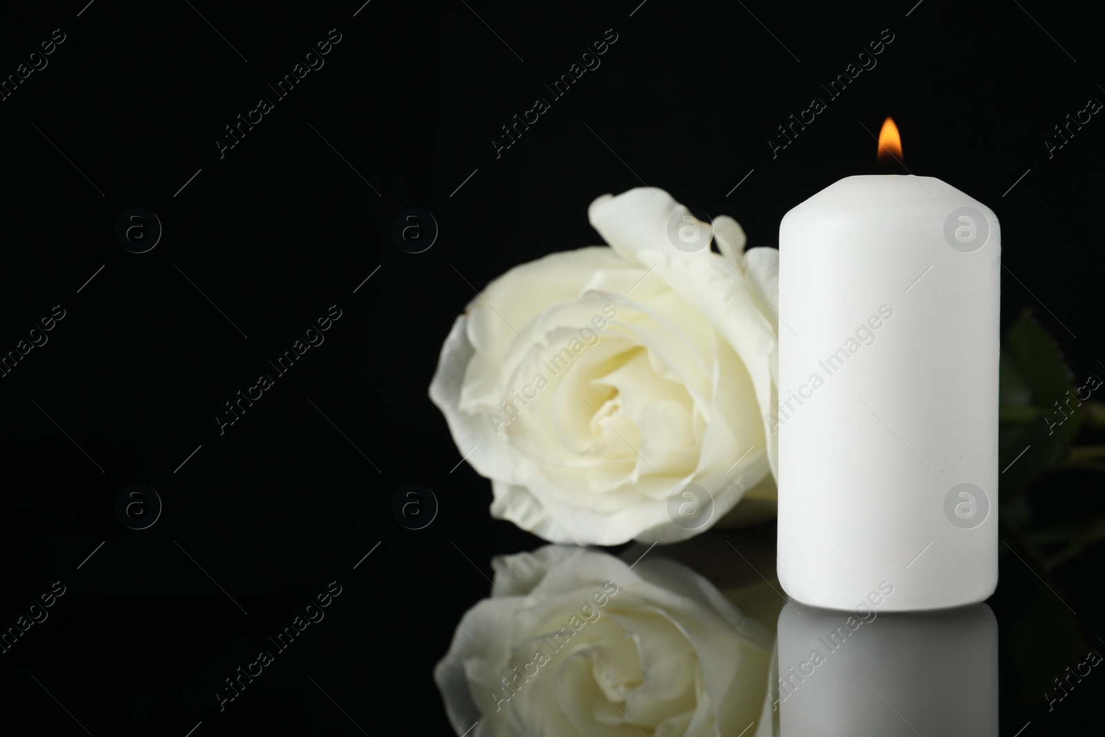 Photo of White rose and burning candle on black mirror surface in darkness, closeup with space for text. Funeral symbols