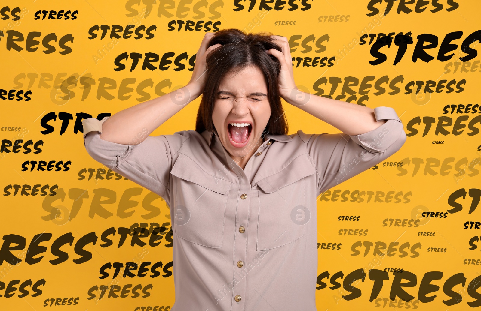 Image of Stressed young woman and text on yellow background