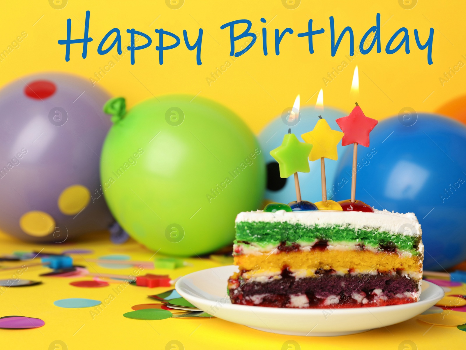 Photo of Piece of birthday cake with candles on yellow background, space for text