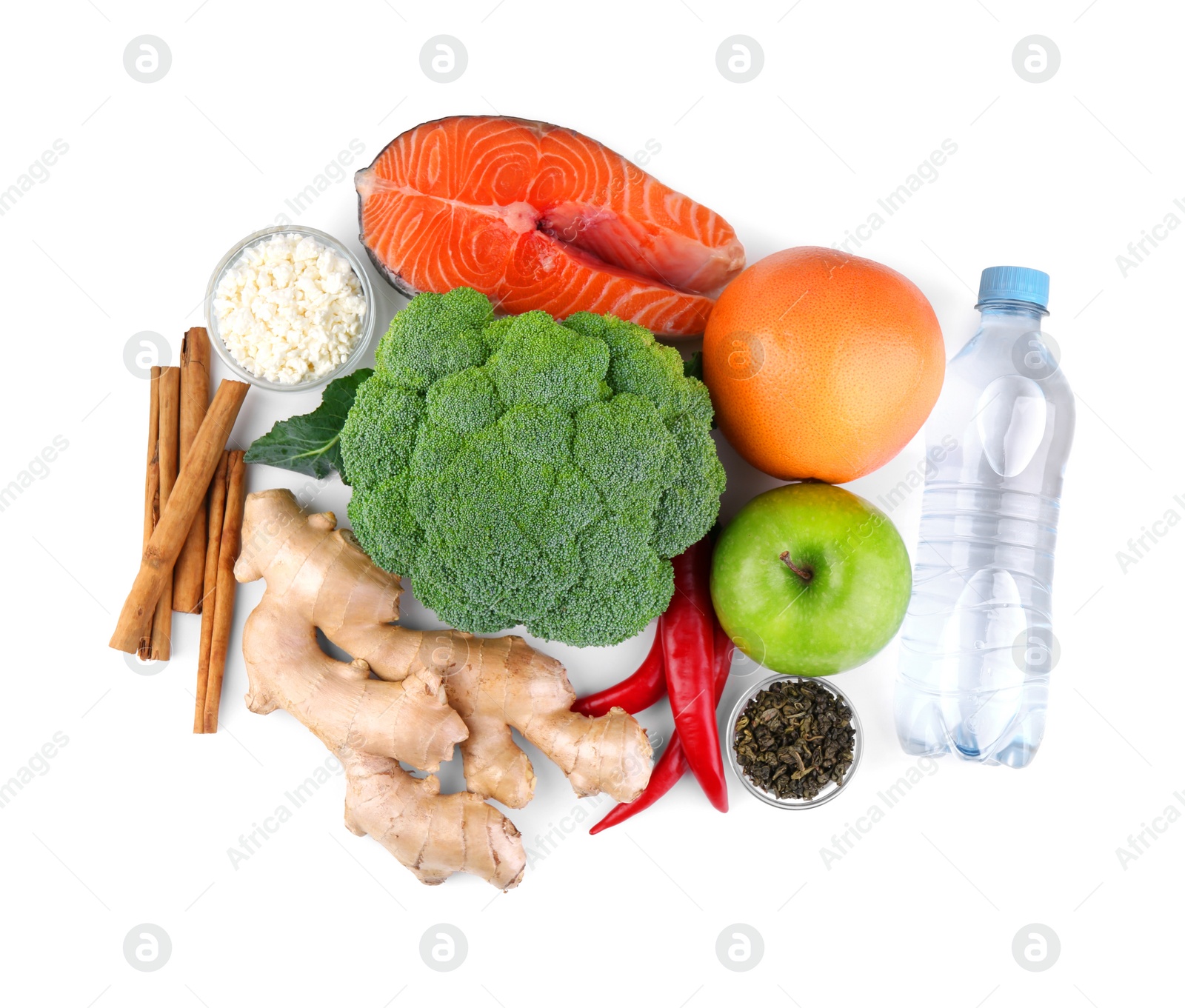 Photo of Metabolism. Different food products on white background, top view