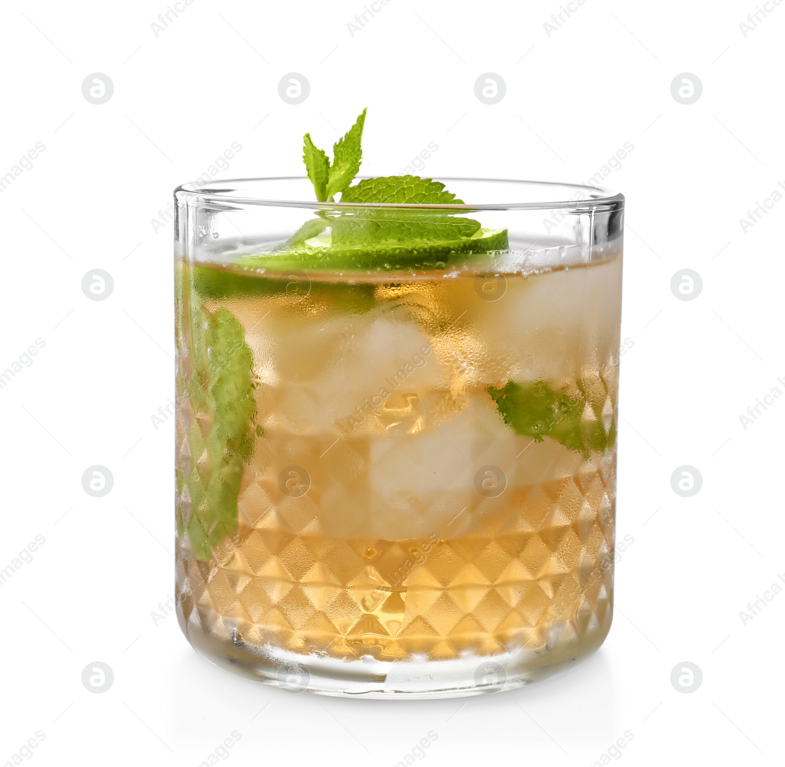 Photo of Glass of delicious mint julep cocktail on white background