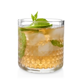 Glass of delicious mint julep cocktail on white background
