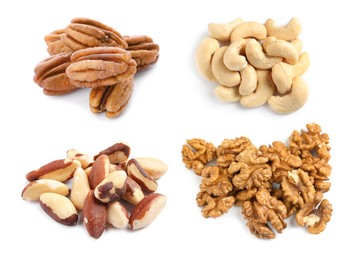 Image of Set with different tasty nuts on white background, top view