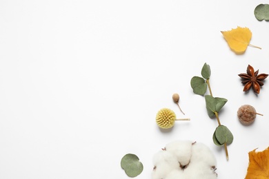 Photo of Flat lay composition with autumn leaves and space for text on white background