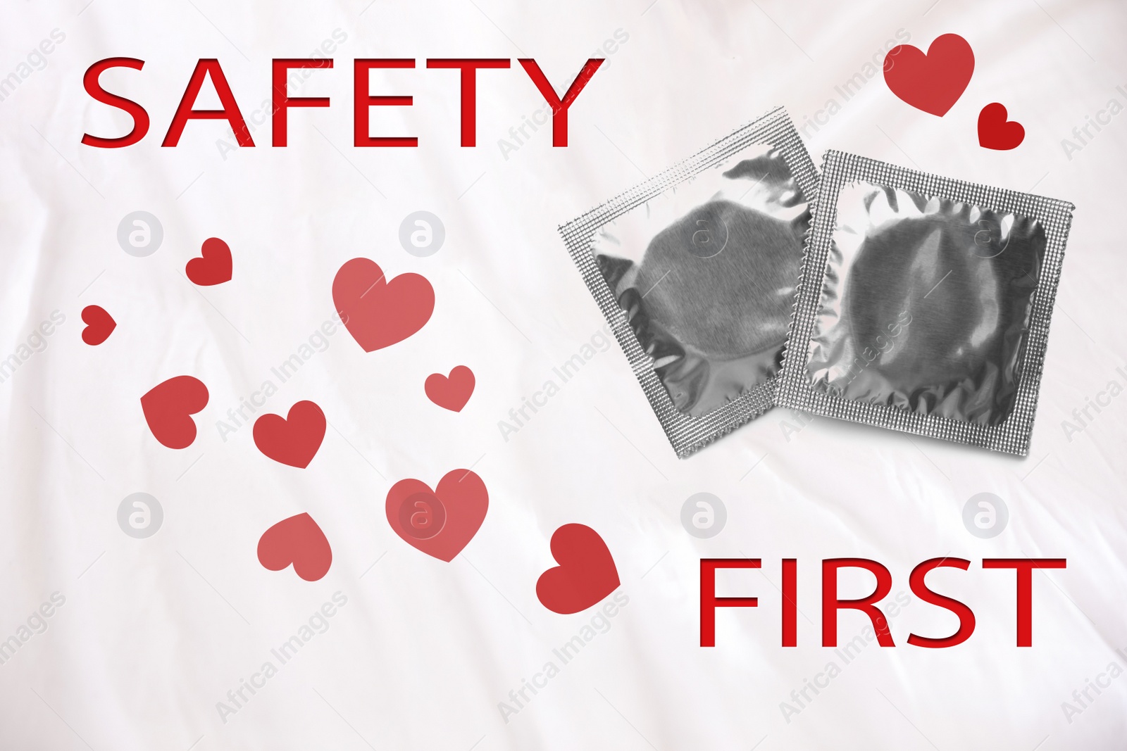 Image of Safety first. Silver condom packages on color background, top view 