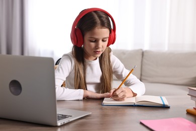 Photo of E-learning. Cute girl taking notes during online lesson at table indoors