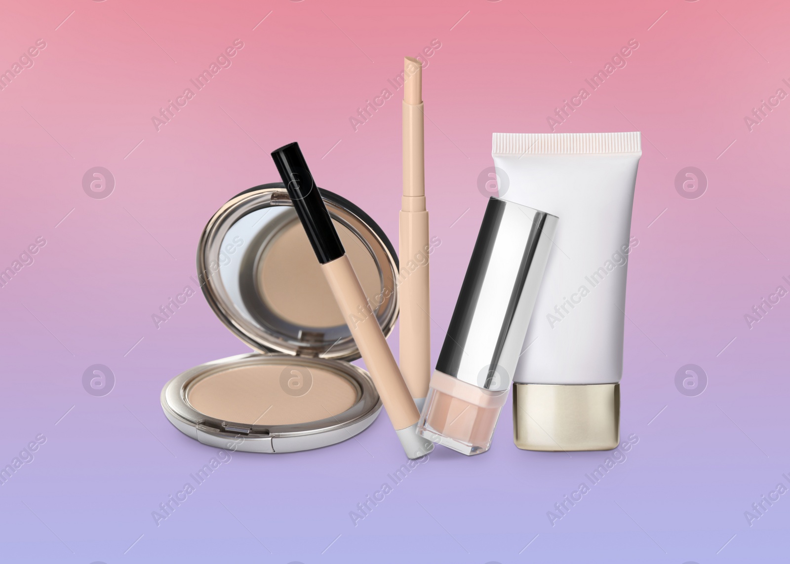 Image of Set with different decorative cosmetics on color background. Luxurious makeup products