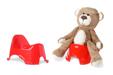 Image of Collage with red baby potty and toy bear isolated on white