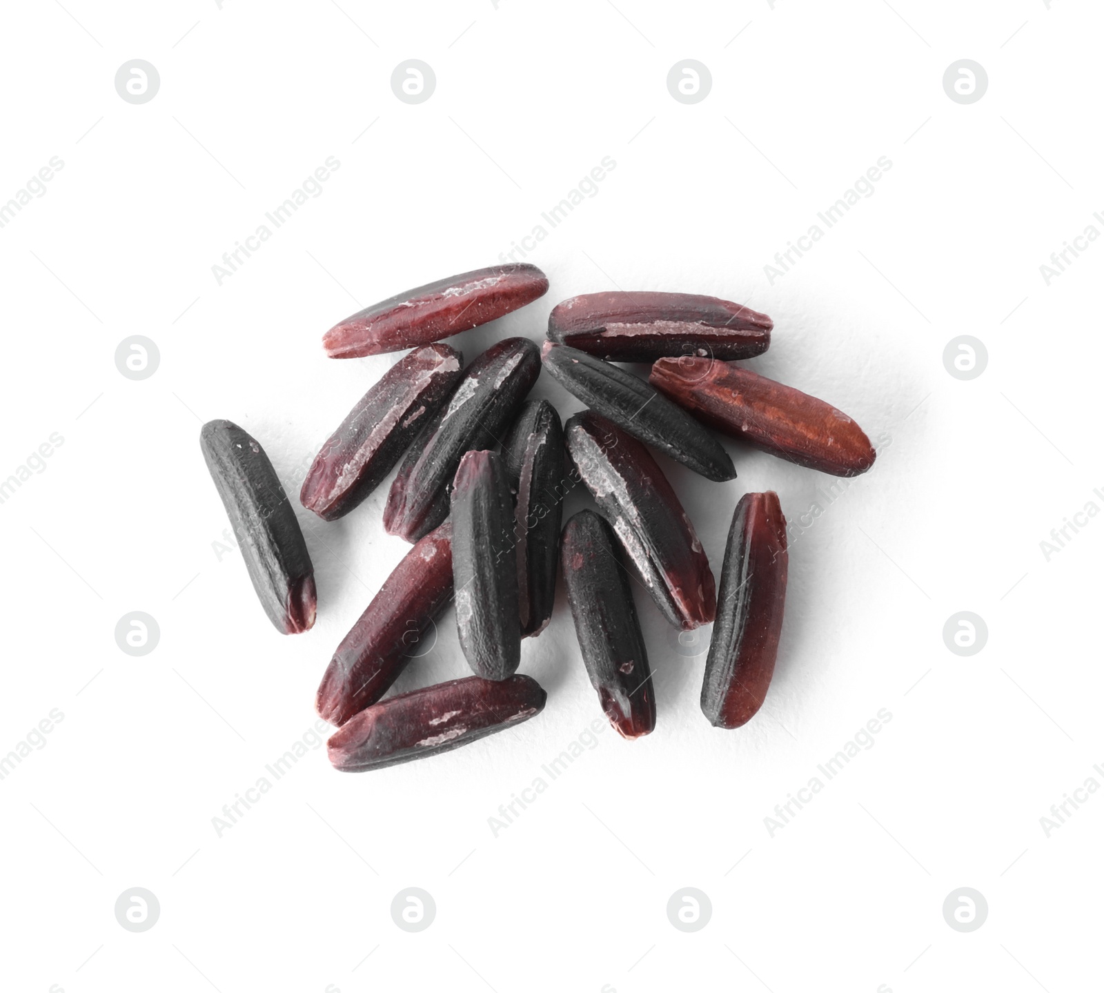 Photo of Uncooked organic brown rice isolated on white, top view