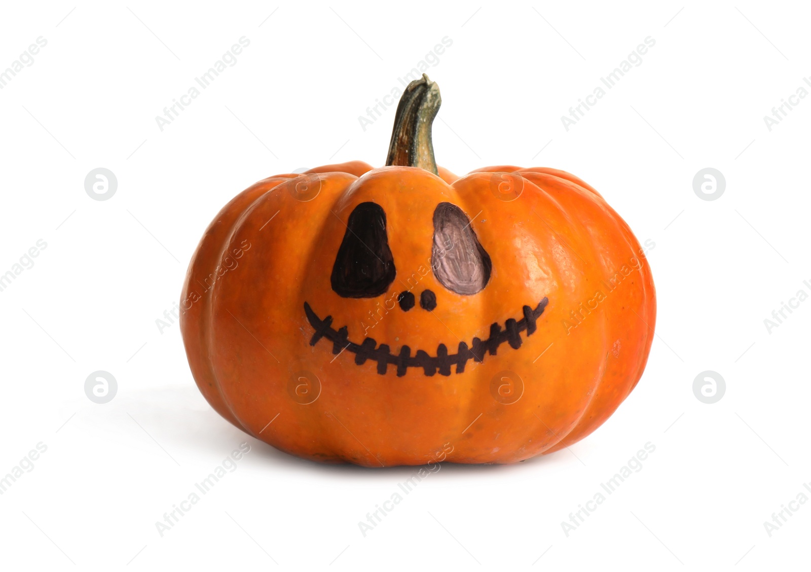 Photo of Halloween pumpkin with cute drawn face isolated on white