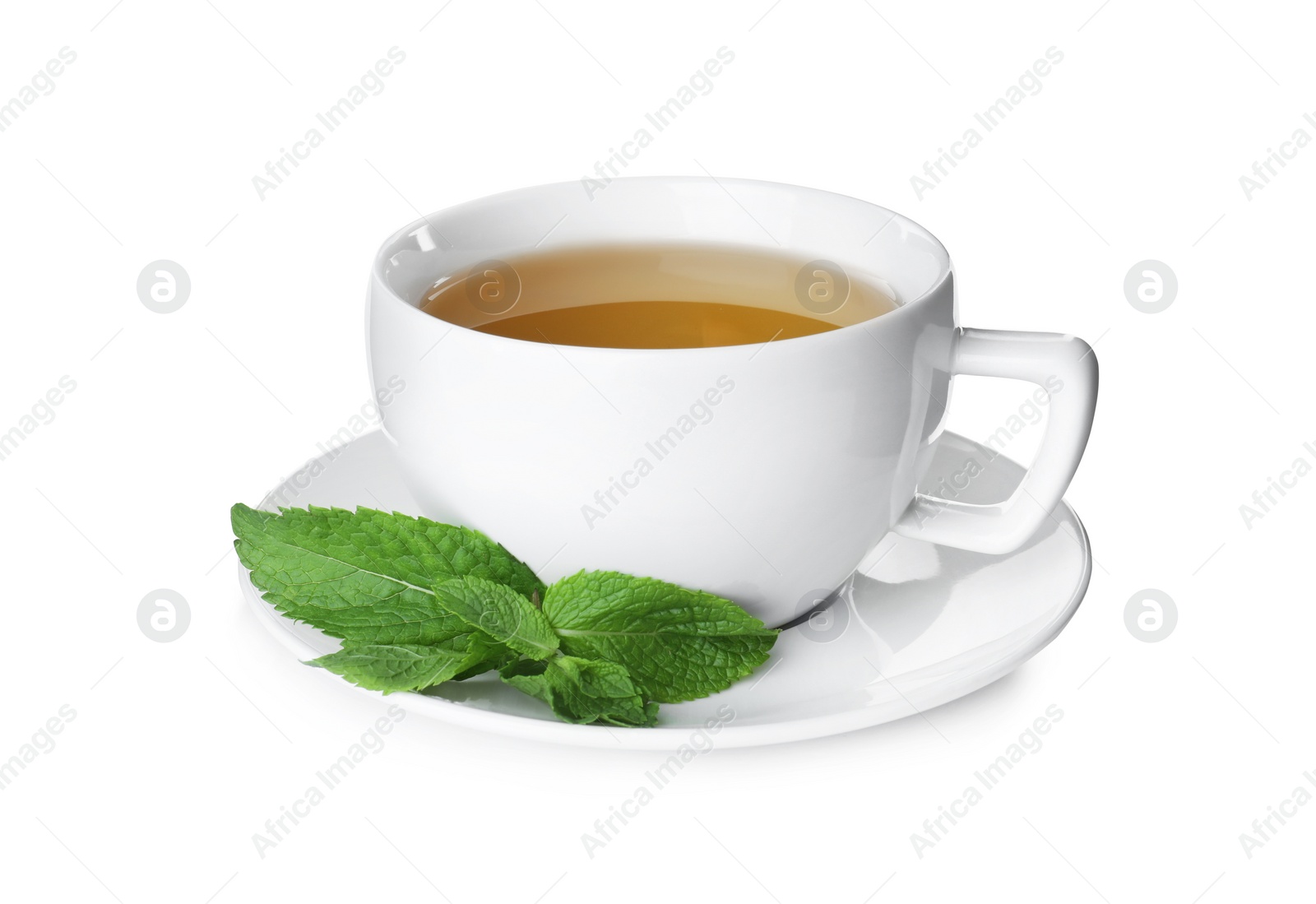 Photo of Cup with hot aromatic mint tea isolated on white