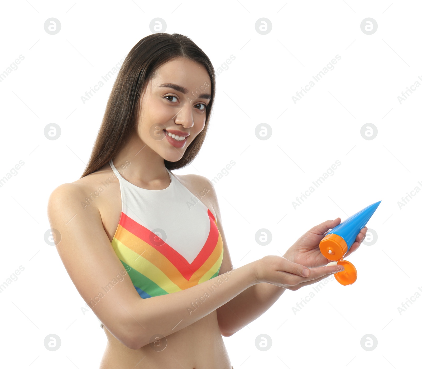 Photo of Young woman applying sun protection cream on white background