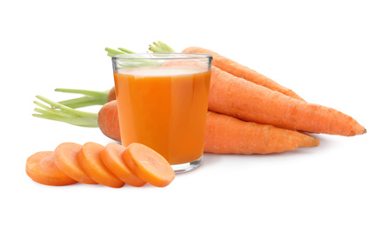 Carrot juice and fresh vegetables on white background, banner design