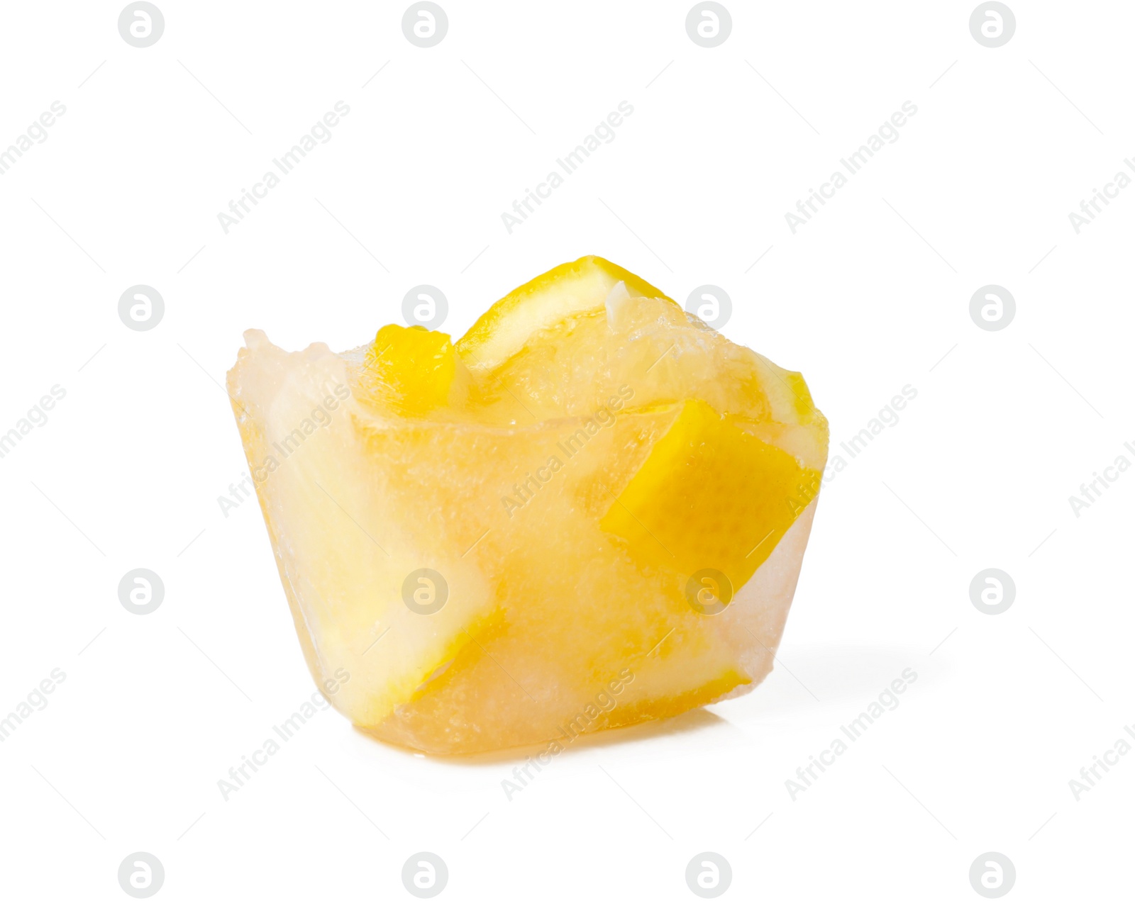 Photo of Ice cube with orange slices on white background