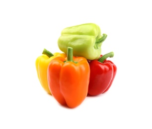 Fresh ripe bell peppers on white background