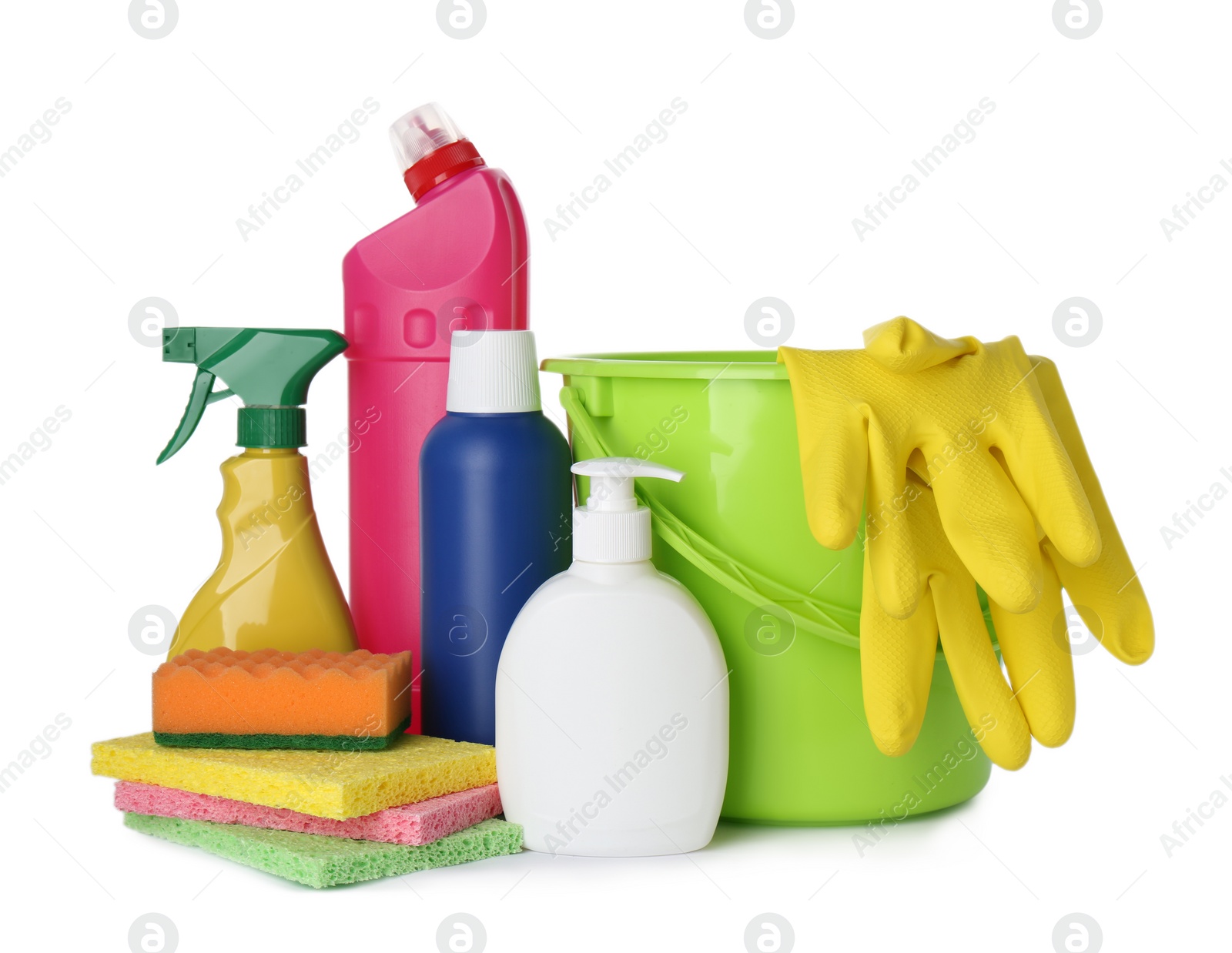 Photo of Set of different cleaning supplies and tools on white background