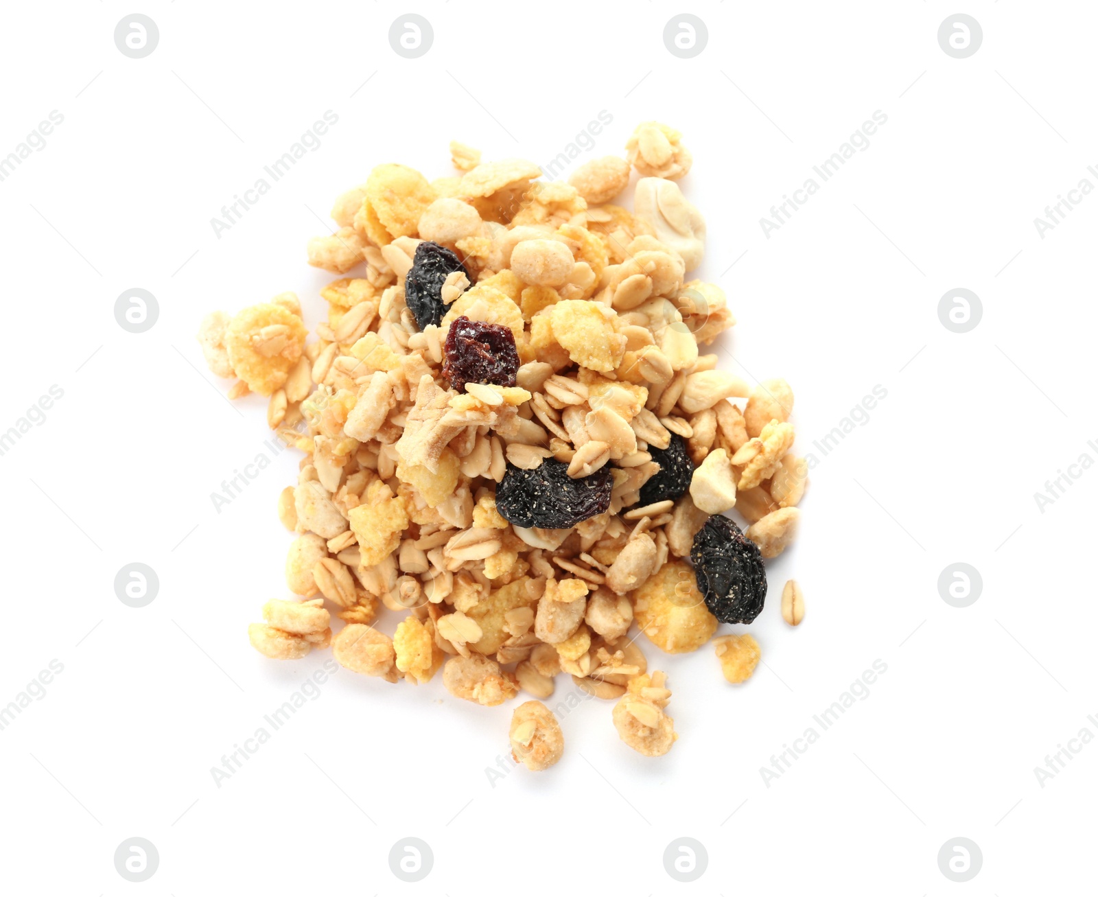 Photo of Muesli with raisins on white background. Healthy grains and cereals