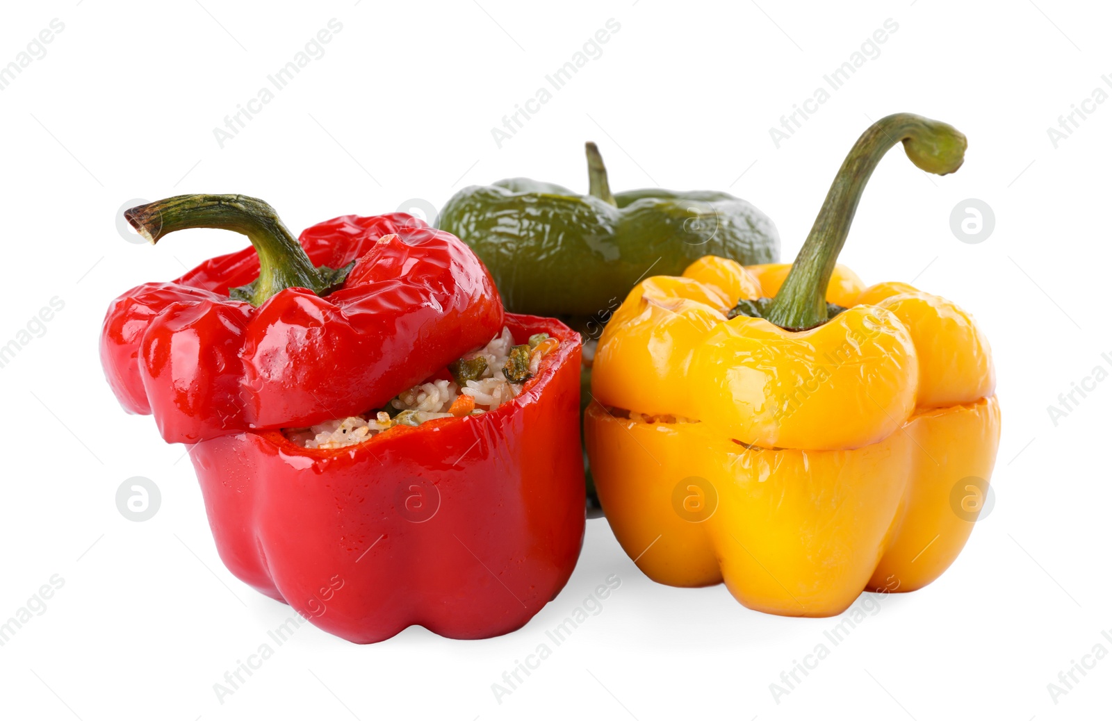 Photo of Tasty stuffed bell peppers isolated on white