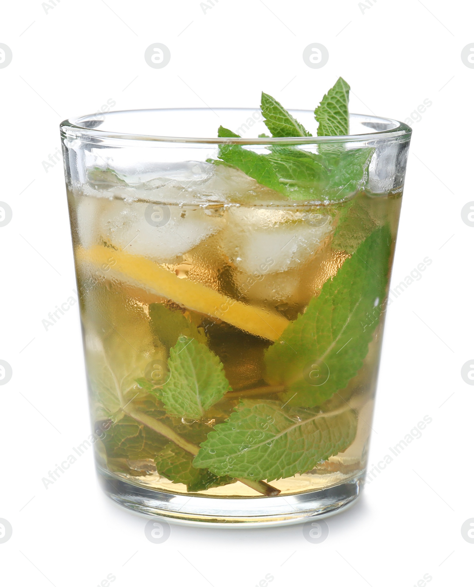 Photo of Glass of delicious mint julep cocktail on white background