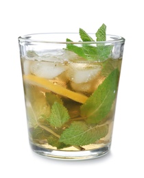 Glass of delicious mint julep cocktail on white background