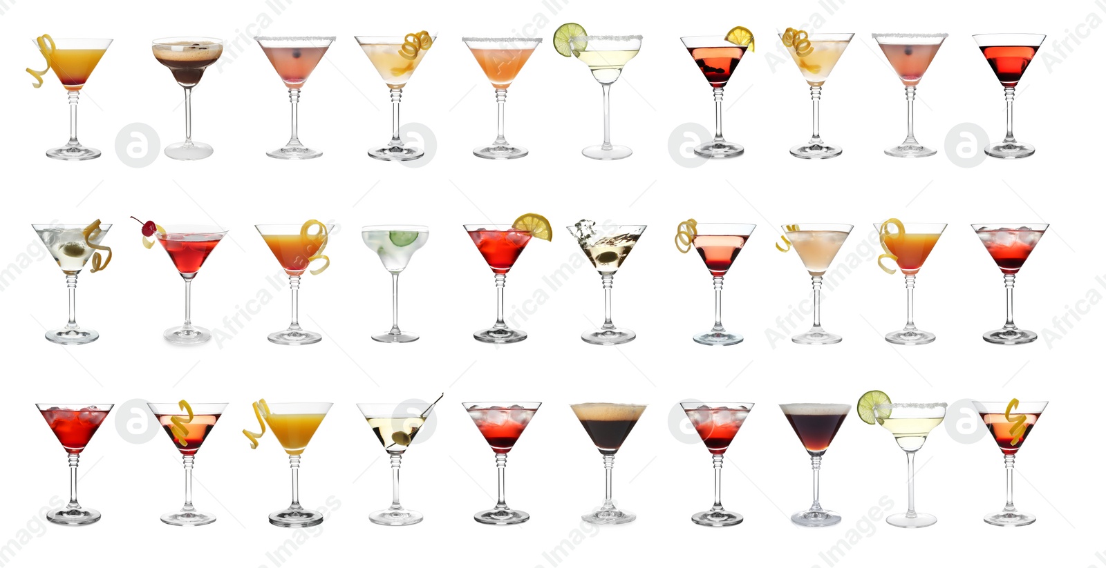 Image of Set with different martini cocktails on white background, banner design 