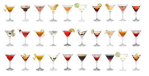 Image of Set with different martini cocktails on white background, banner design 