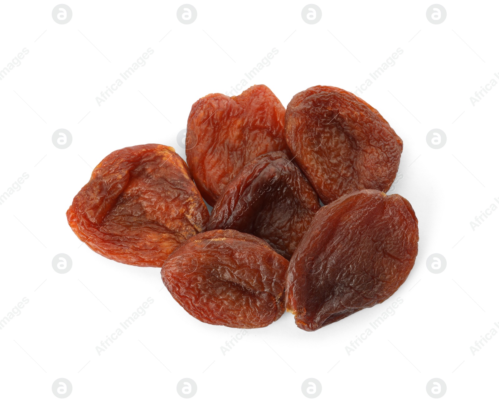 Photo of Tasty dried apricots on white background, top view