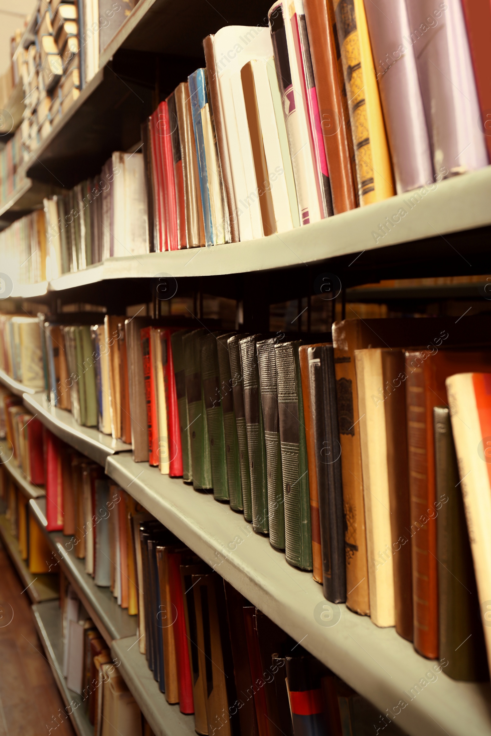 Image of Collection of different books on shelves in library