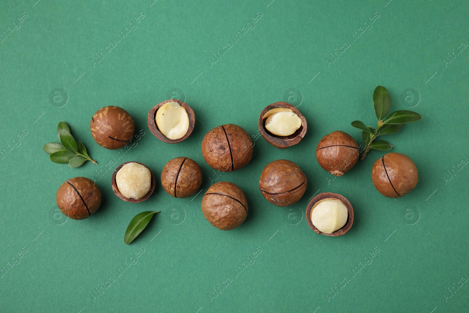 Photo of Tasty Macadamia nuts and leaves on green background, flat lay